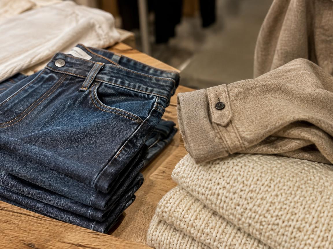 Dettaglio di denim, maglieria e capospalla
